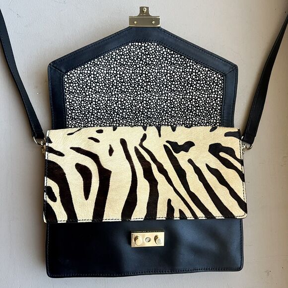 Loeffler Randall Black Leather w/ Animal Print Accent Envelope Crossbody Handbag - Picture 6 of 16